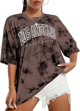 Avanova Women Letter Graphic Print Oversized Tee Shirt Short Sleeve Loose Fit Tops