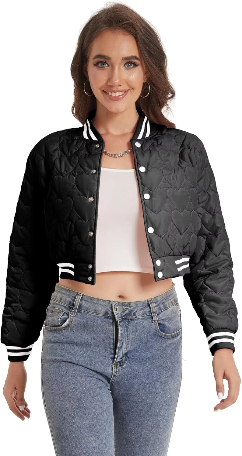 babyhealthy Women's Love Quilted Jacket Cropped Printed Bomber Jacket Button Down Vintage Casual Varsity Jacket Coat
