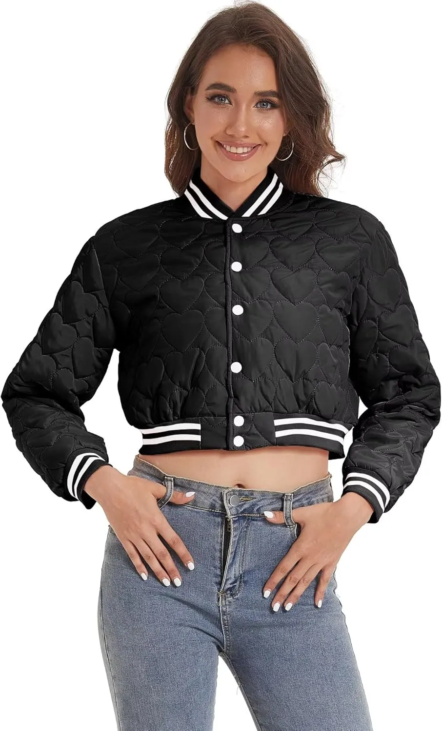 babyhealthy Women's Love Quilted Jacket Cropped Printed Bomber Jacket Button Down Vintage Casual Varsity Jacket Coat