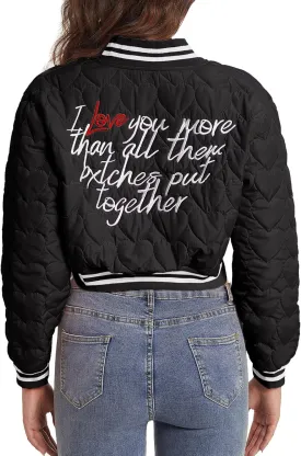 babyhealthy Women's Love Quilted Jacket Cropped Printed Bomber Jacket Button Down Vintage Casual Varsity Jacket Coat