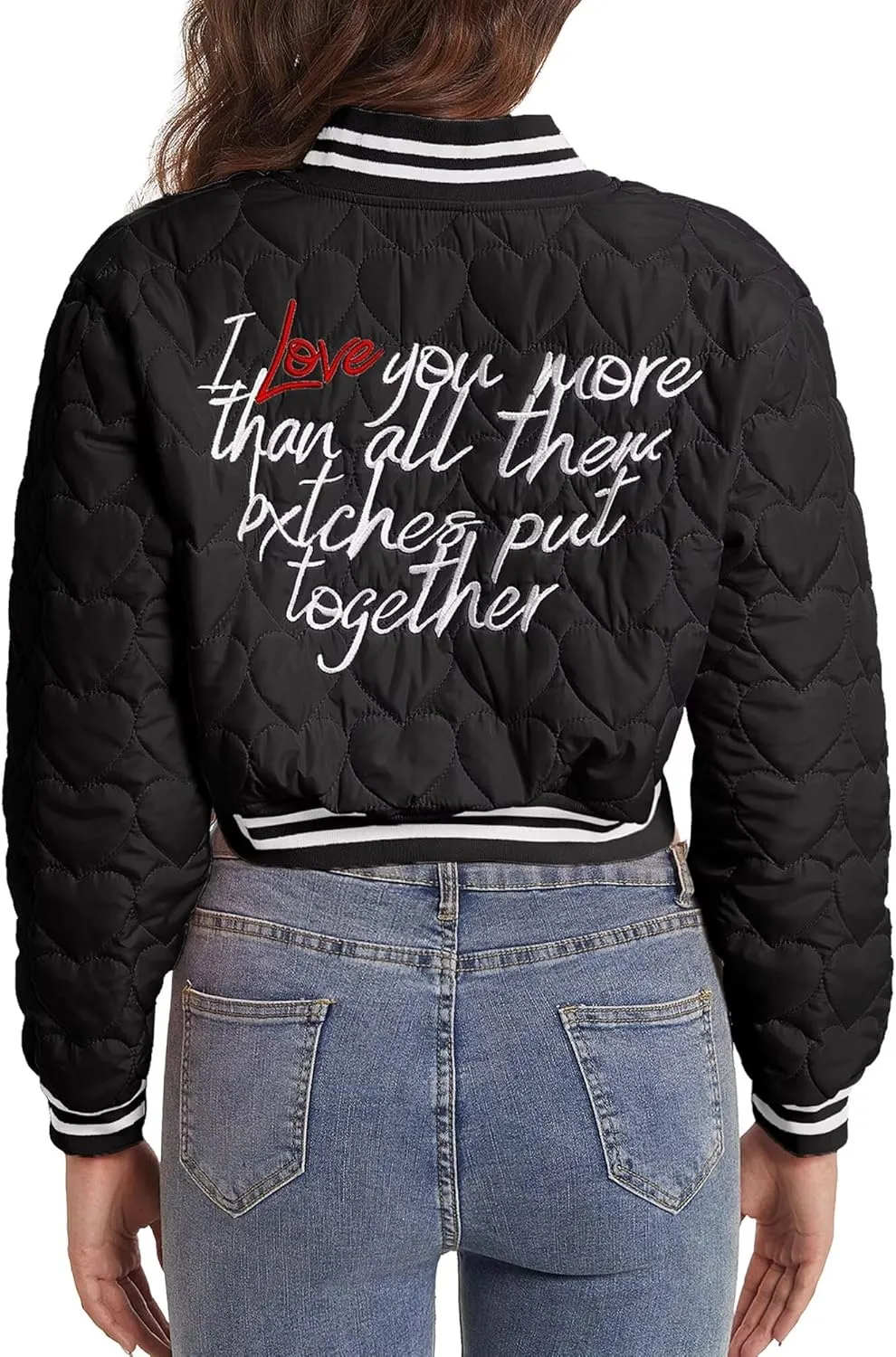 babyhealthy Women's Love Quilted Jacket Cropped Printed Bomber Jacket Button Down Vintage Casual Varsity Jacket Coat