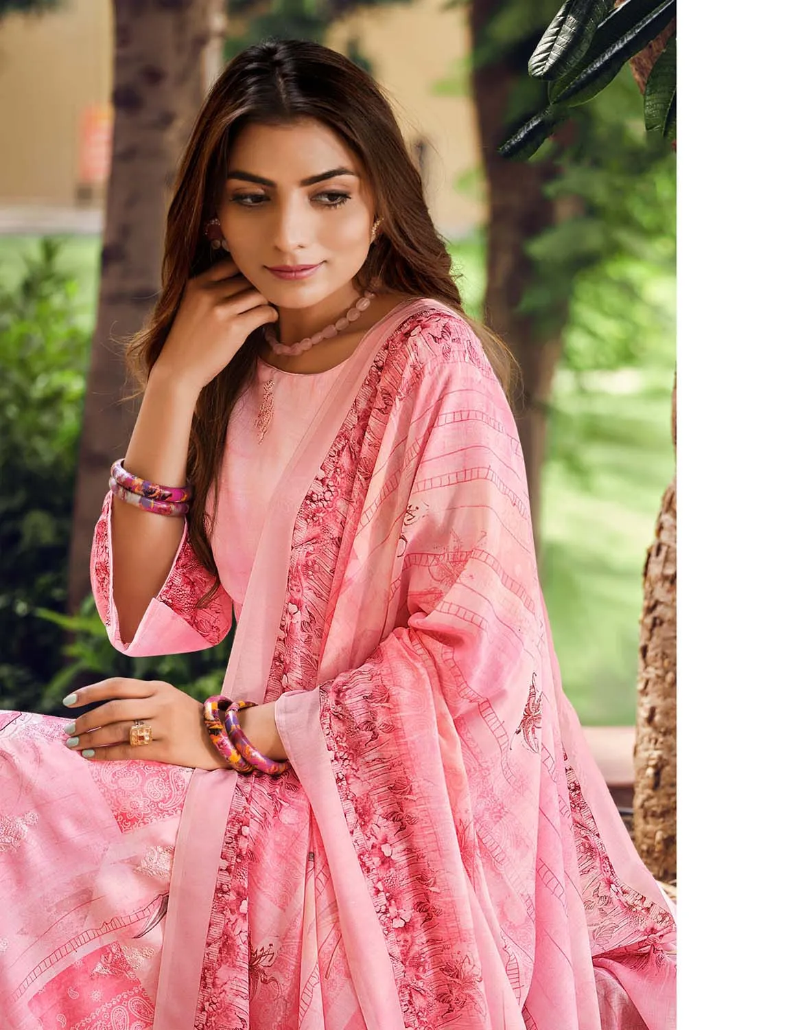 Belliza Unstitched Embroidered Women Cotton Suit Fabric Pink