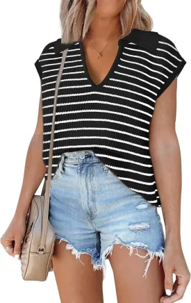 Disamer Short Sleeve Sweater for Women 2025 Spring Fashion Striped Sleeveless Vest Casual Tank Tops Summer Shirts