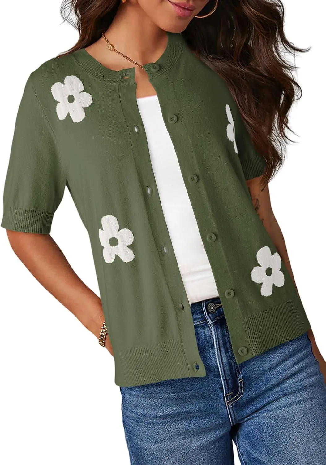 Dokotoo Cardigan Sweaters for Women Printed Round Neck Button Cardigan Womens Tops Open Front Summer Sweaters for Women