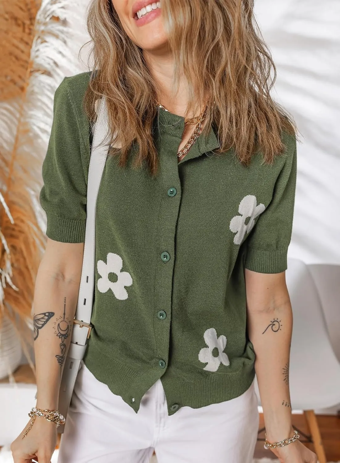 Dokotoo Cardigan Sweaters for Women Printed Round Neck Button Cardigan Womens Tops Open Front Summer Sweaters for Women