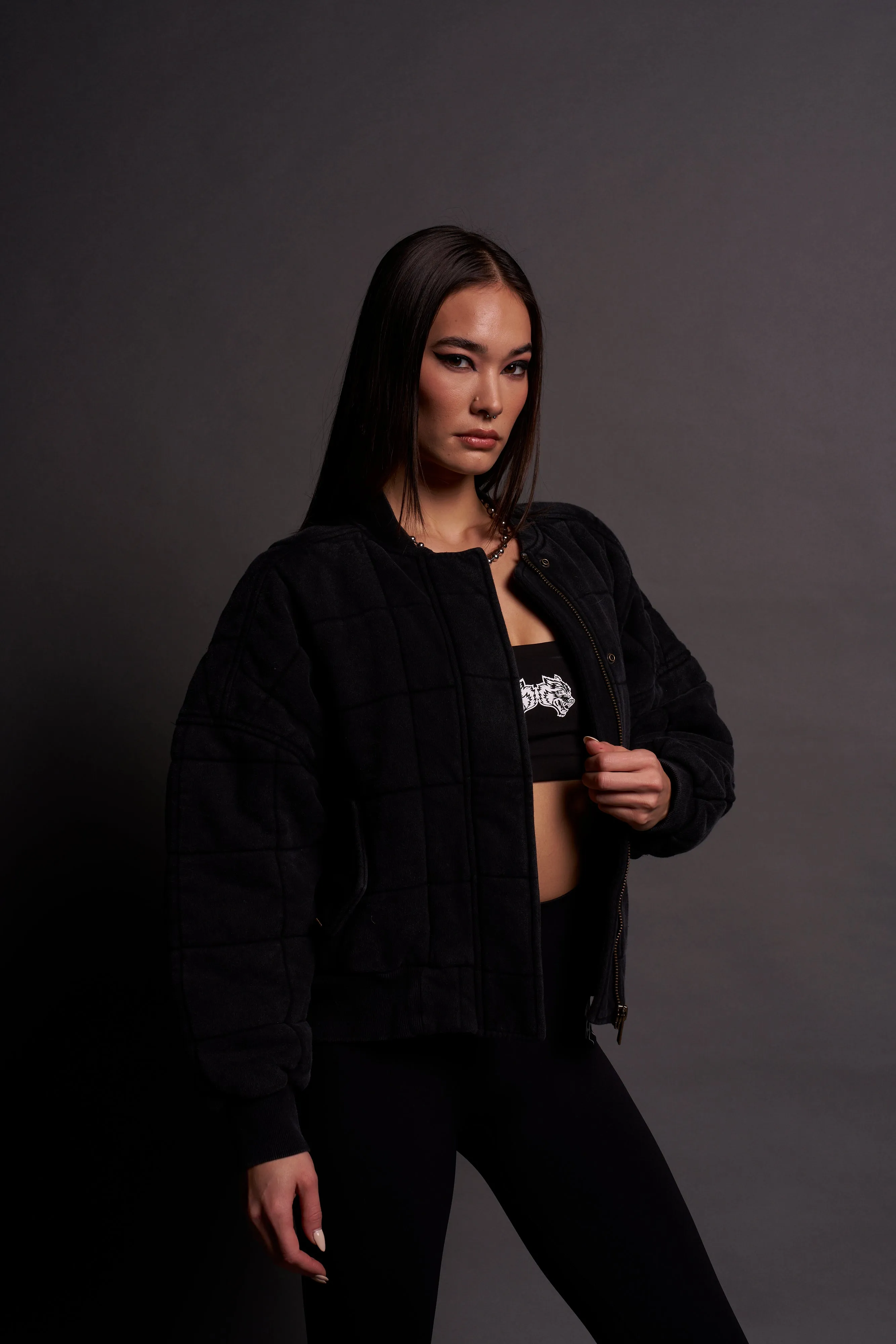 Dual Patch Cropped Quilted She Foley Bomber Jacket in Black