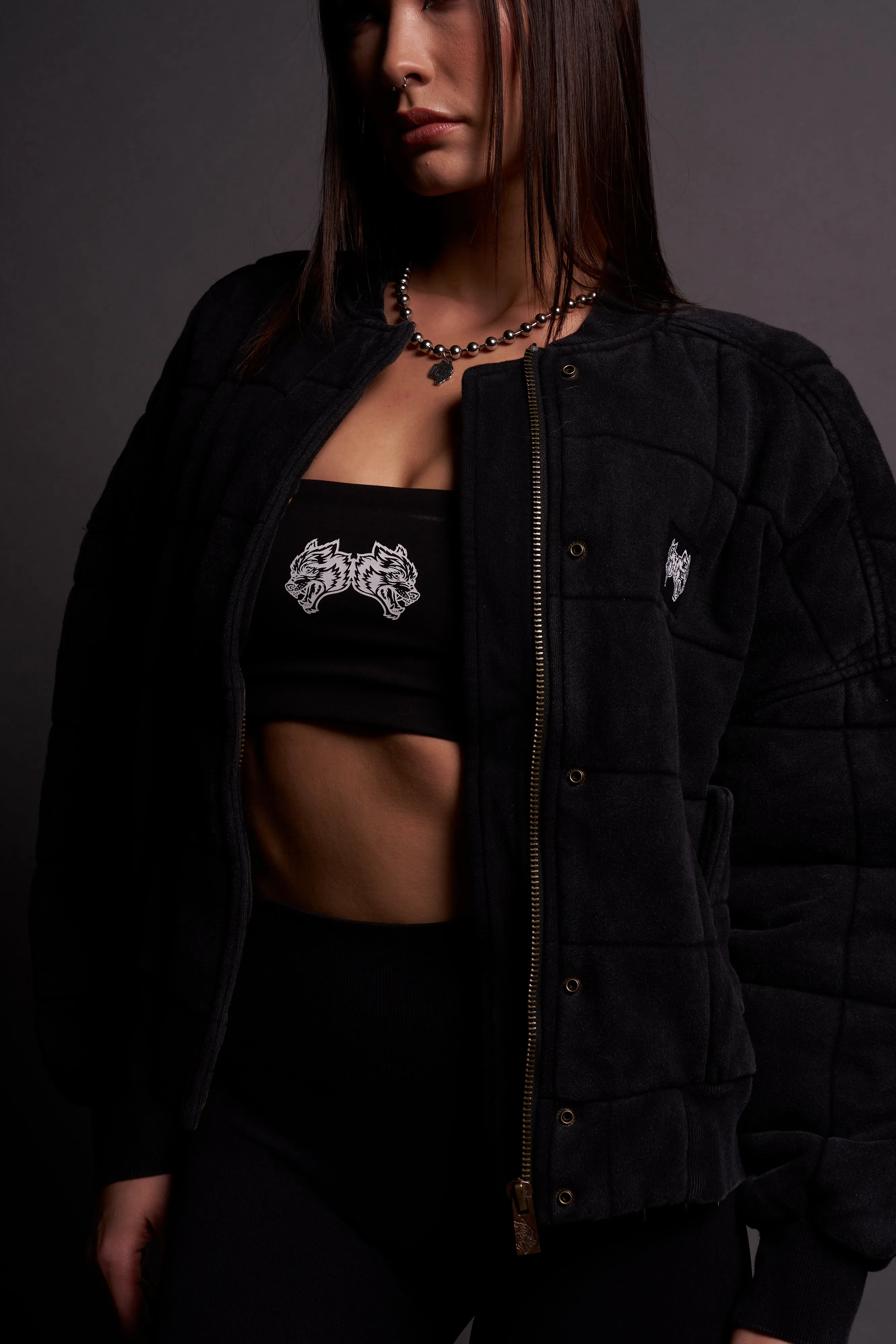 Dual Patch Cropped Quilted She Foley Bomber Jacket in Black