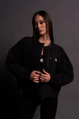 Dual Patch Cropped Quilted She Foley Bomber Jacket in Black