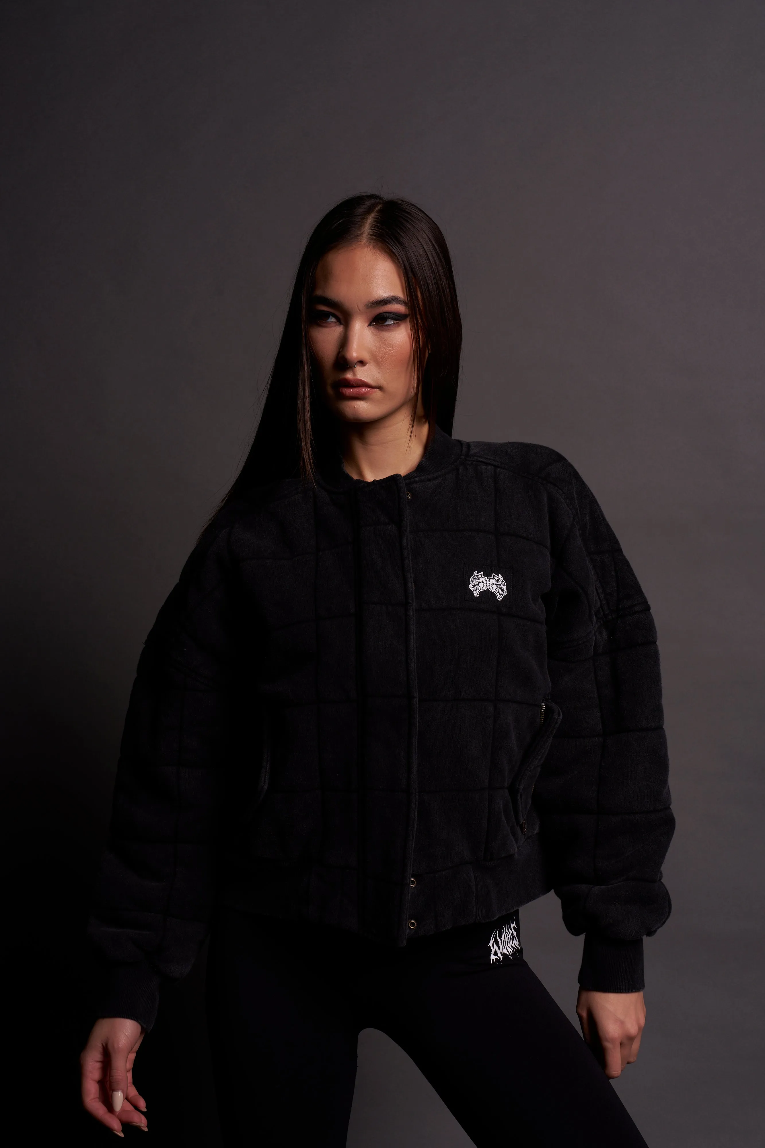 Dual Patch Cropped Quilted She Foley Bomber Jacket in Black