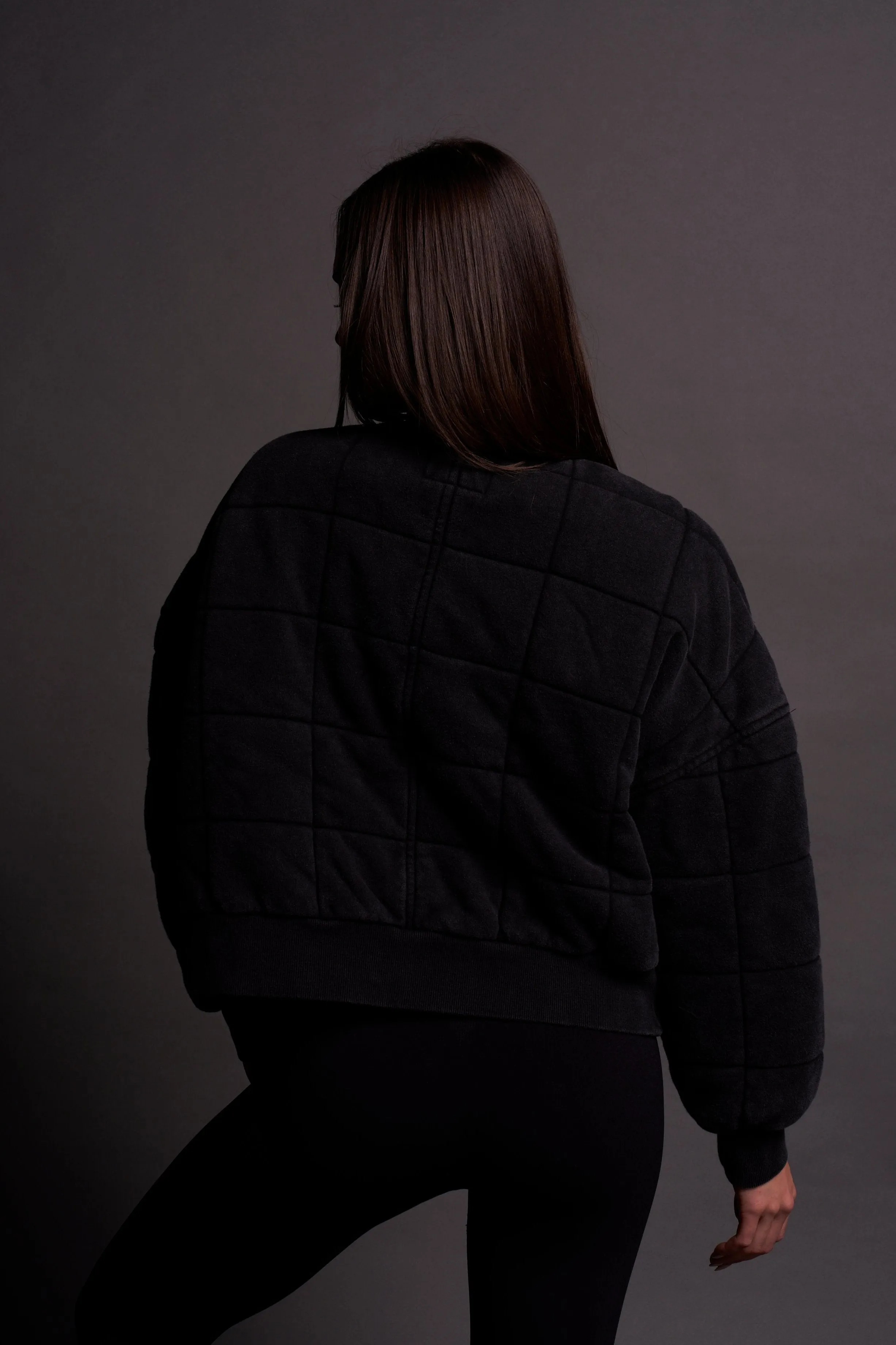 Dual Patch Cropped Quilted She Foley Bomber Jacket in Black