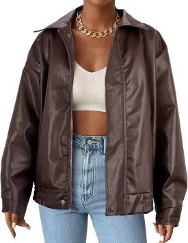 Faux Leather Jacket Women Brown Pleather Bomber Jacket Oversized Leather Blazer Motorcycle Jacket Biker Jacket Winter Coat Coffee L