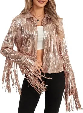 FEORJGP Women Sparkly Sequin Jacket Shiny Glitter Tassel Fringe Hem Disco Jacket Sequin Fringe Jacket Coat Y2K 90s Streetwear