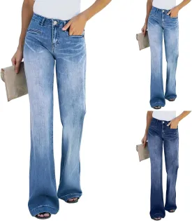 Flare Jeans for Women Stretchy High Waisted Wide Leg Straight Y2k Distressed Denim Bell Bottom Jeans with Pockets