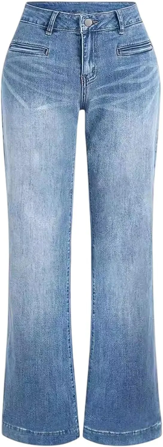 Flare Jeans for Women Stretchy High Waisted Wide Leg Straight Y2k Distressed Denim Bell Bottom Jeans with Pockets