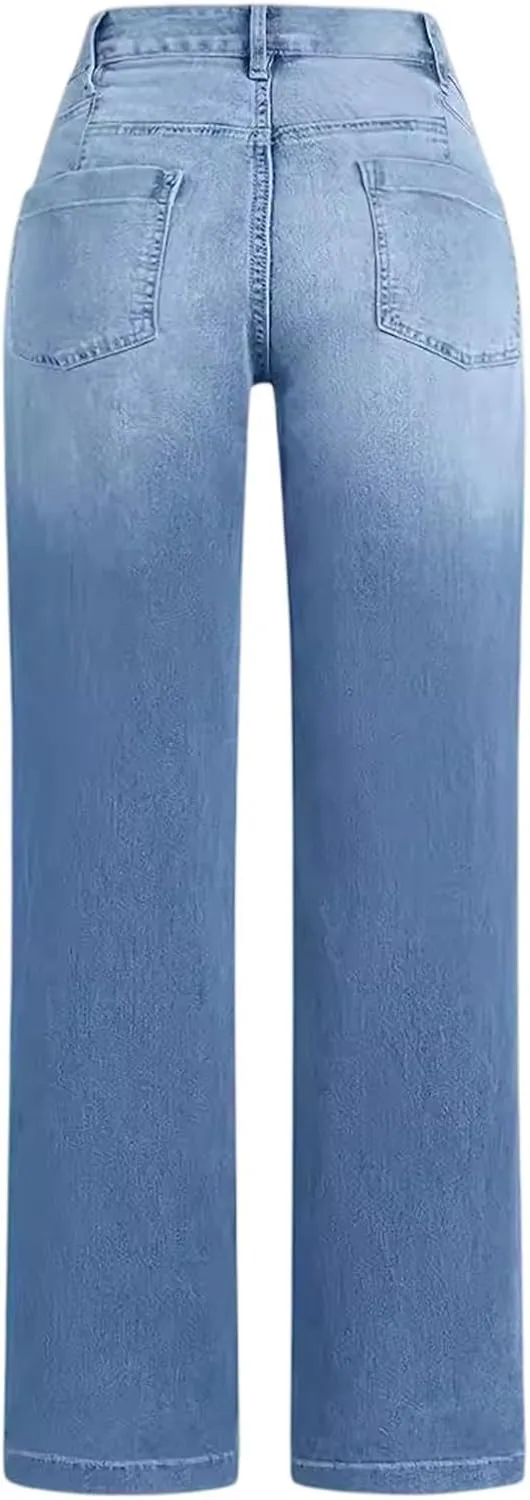 Flare Jeans for Women Stretchy High Waisted Wide Leg Straight Y2k Distressed Denim Bell Bottom Jeans with Pockets
