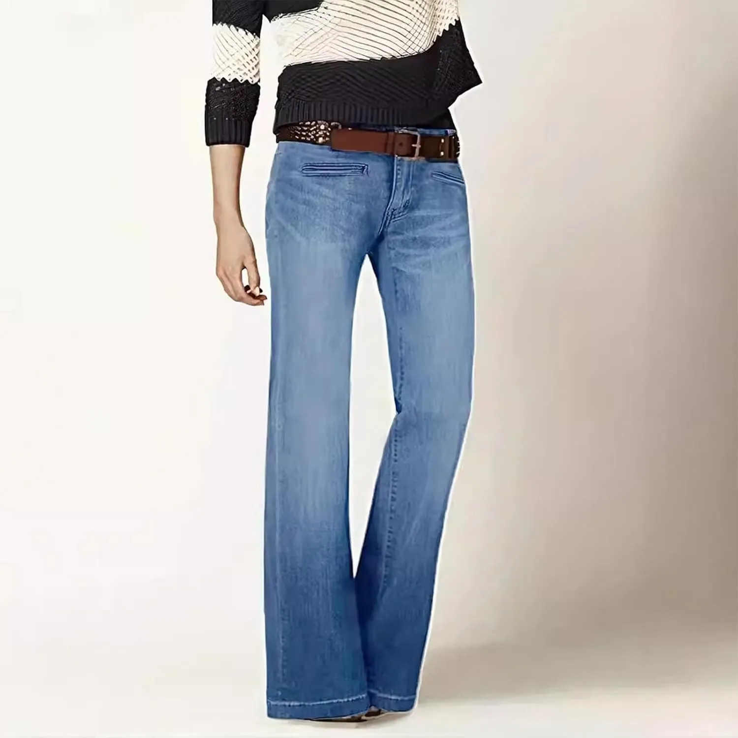 Flare Jeans for Women Stretchy High Waisted Wide Leg Straight Y2k Distressed Denim Bell Bottom Jeans with Pockets