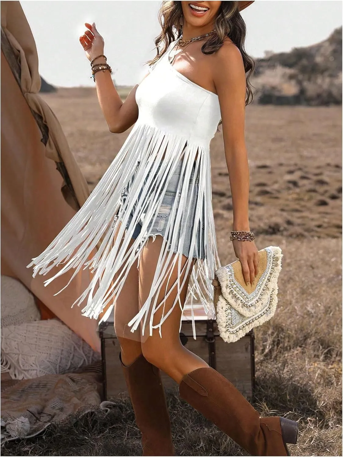 Floerns Women's One Shoulder Short Sleeve Fringe Trim Solid T Shirts