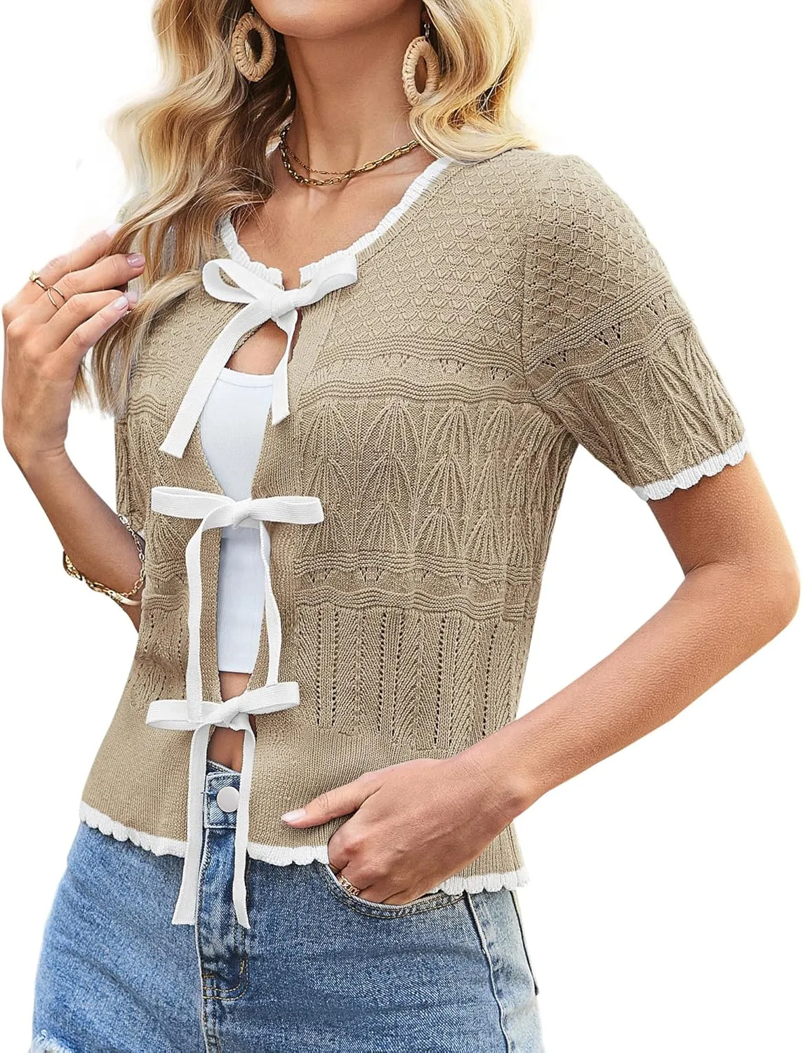 GRACE KARIN Women's Tie Front Cardigan 2025 Short Sleeve Lightweight Crochet Knit Color Block Summer Bow Sweater Tops