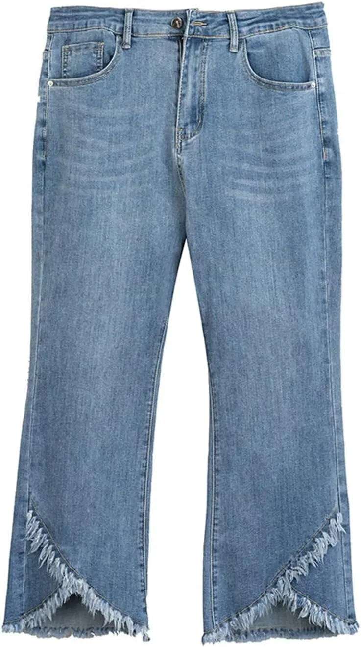 INVACHI Womens Stretch Cropped Fringe Jeans Distressed and Ripped Denim Jeans Tassel Denim Pants with Frayed Hem