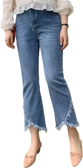 INVACHI Womens Stretch Cropped Fringe Jeans Distressed and Ripped Denim Jeans Tassel Denim Pants with Frayed Hem