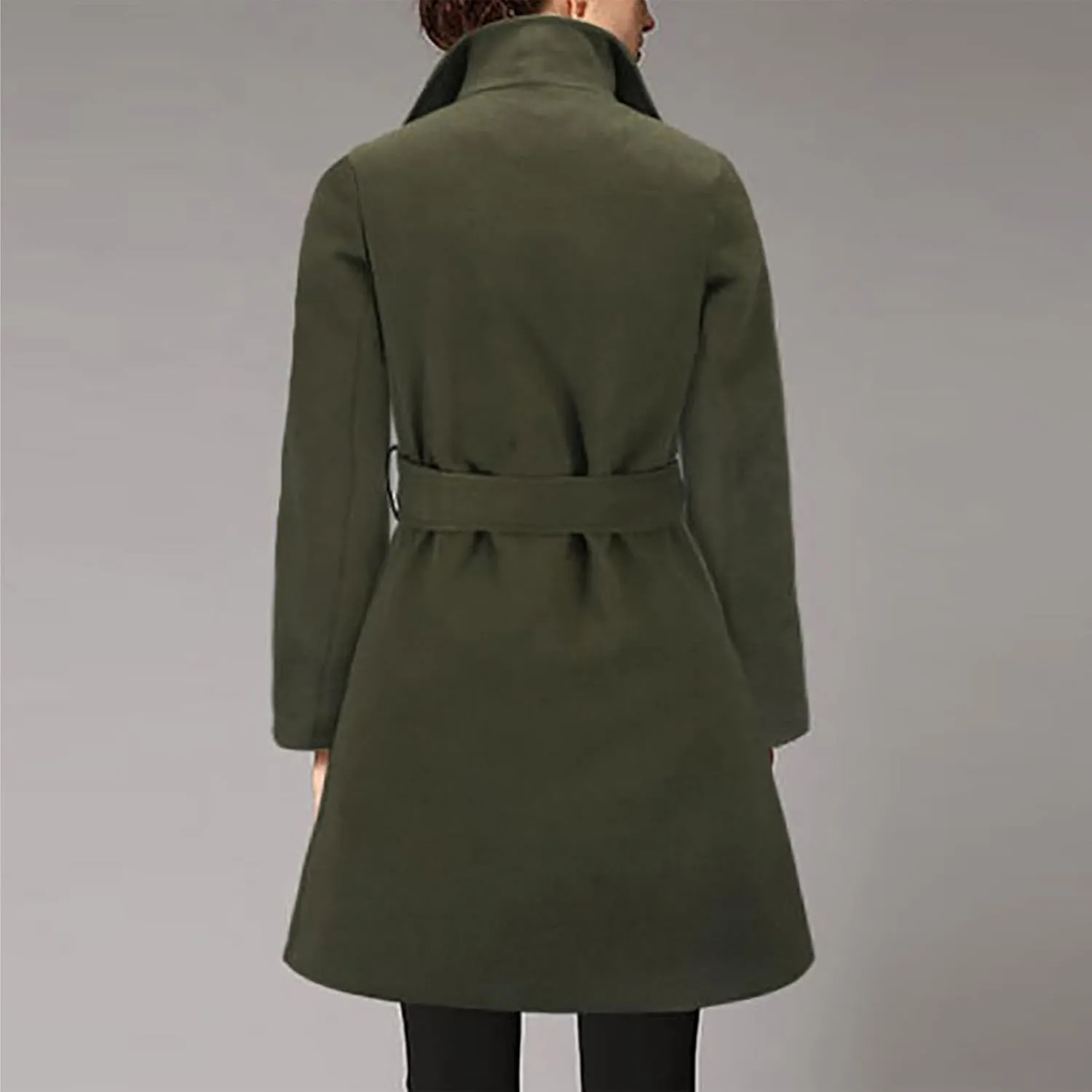 JOAU 2023 Winter Womens Wool Blend Midi Trench Coat Open Front Cardigan Peacoat Casual Elegant Solid Lapel Belted Overcoat