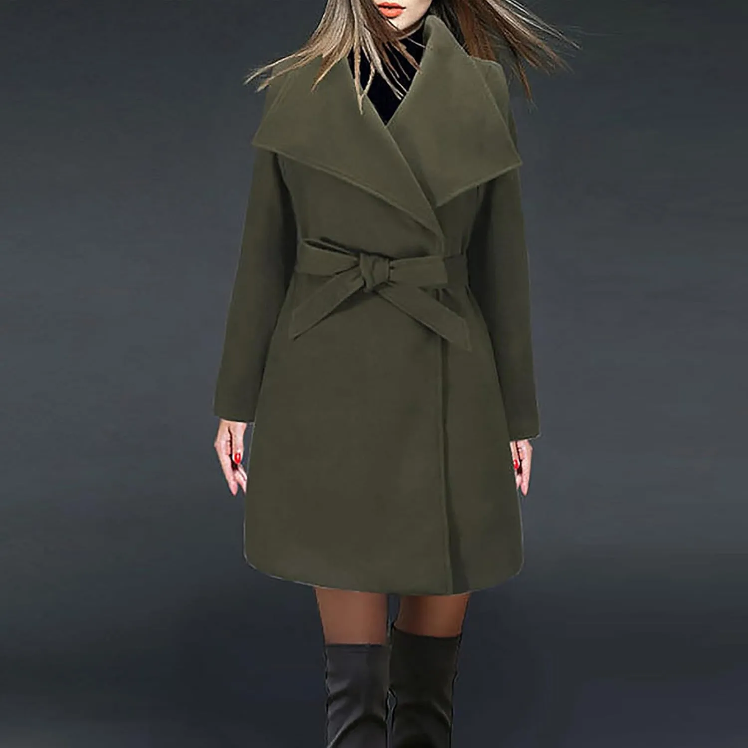 JOAU 2023 Winter Womens Wool Blend Midi Trench Coat Open Front Cardigan Peacoat Casual Elegant Solid Lapel Belted Overcoat