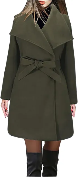 JOAU 2023 Winter Womens Wool Blend Midi Trench Coat Open Front Cardigan Peacoat Casual Elegant Solid Lapel Belted Overcoat