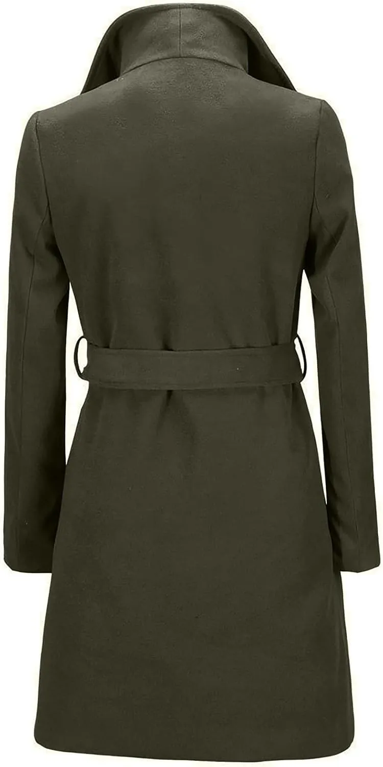 JOAU 2023 Winter Womens Wool Blend Midi Trench Coat Open Front Cardigan Peacoat Casual Elegant Solid Lapel Belted Overcoat