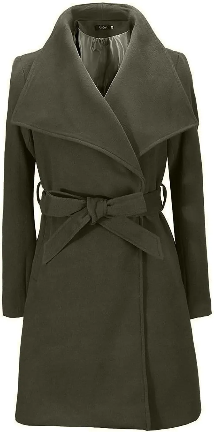 JOAU 2023 Winter Womens Wool Blend Midi Trench Coat Open Front Cardigan Peacoat Casual Elegant Solid Lapel Belted Overcoat