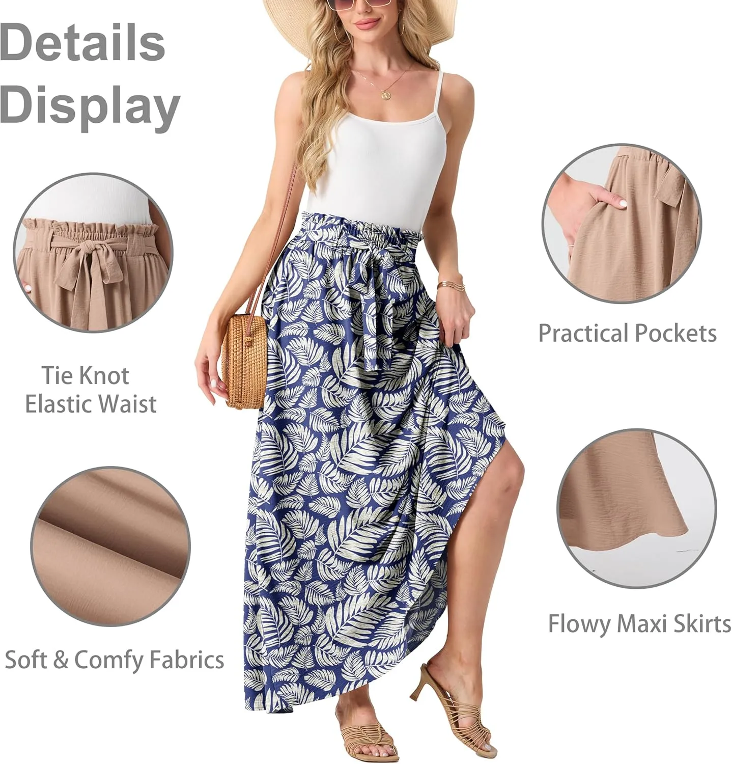 Lepunuo Womens Maxi Skirts Casual Boho Elastic High Waisted Flowy Long Skirts Trendy Floral Cute Skirts with Pockets