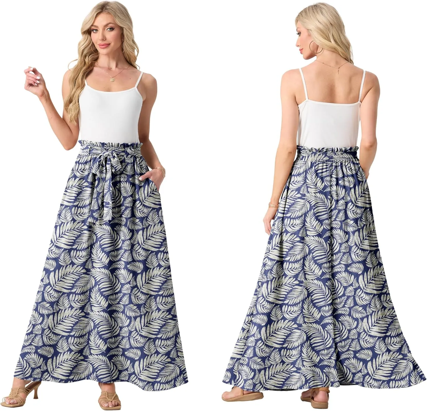 Lepunuo Womens Maxi Skirts Casual Boho Elastic High Waisted Flowy Long Skirts Trendy Floral Cute Skirts with Pockets
