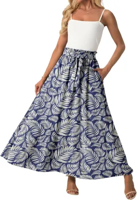Lepunuo Womens Maxi Skirts Casual Boho Elastic High Waisted Flowy Long Skirts Trendy Floral Cute Skirts with Pockets