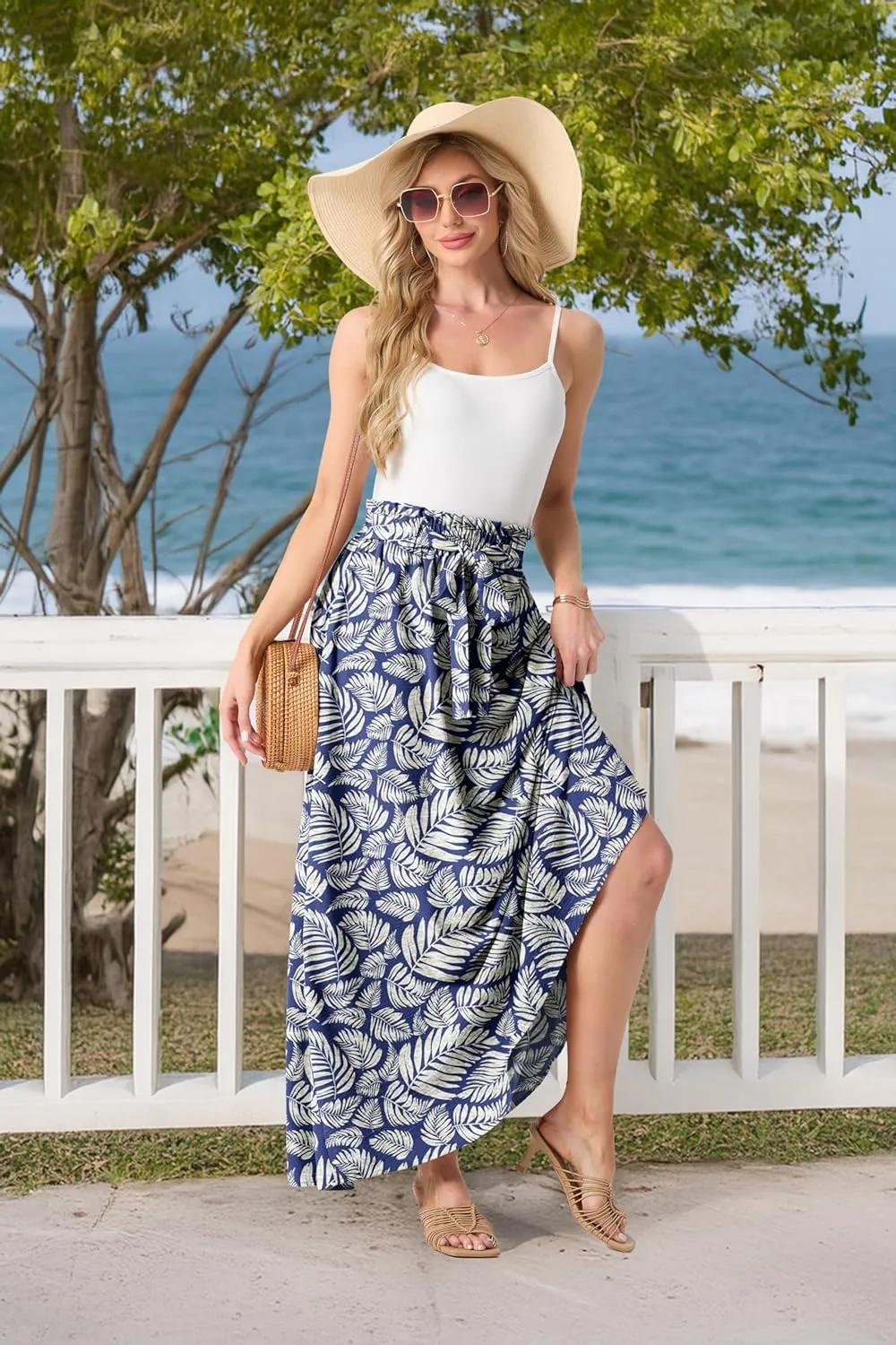 Lepunuo Womens Maxi Skirts Casual Boho Elastic High Waisted Flowy Long Skirts Trendy Floral Cute Skirts with Pockets