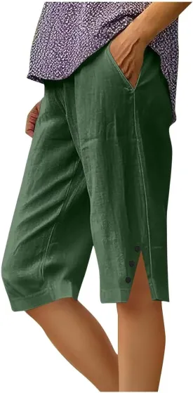 Linen Capri Pants for Women Casual High Waist Wide Leg Cropped Pants Trousers Buttons Trim with Pockets