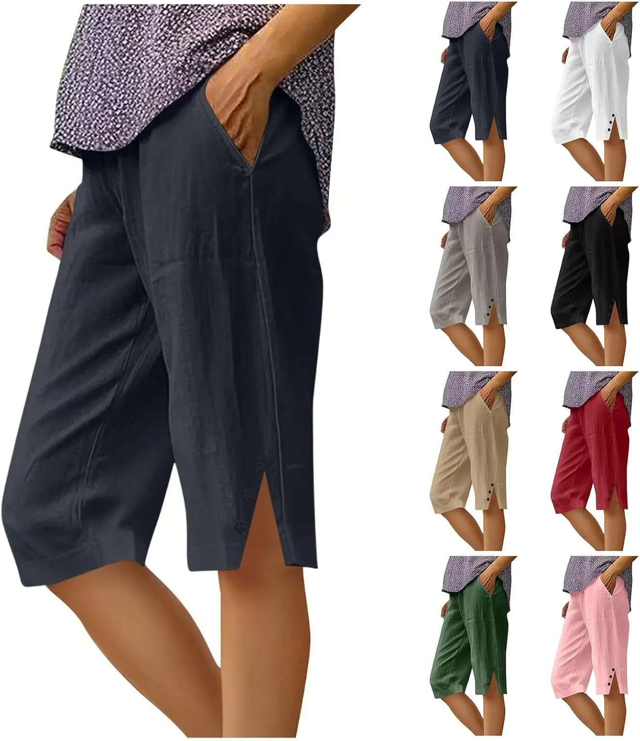 Linen Capri Pants for Women Casual High Waist Wide Leg Cropped Pants Trousers Buttons Trim with Pockets