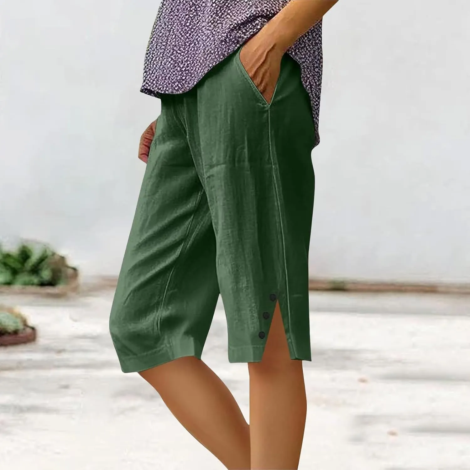 Linen Capri Pants for Women Casual High Waist Wide Leg Cropped Pants Trousers Buttons Trim with Pockets