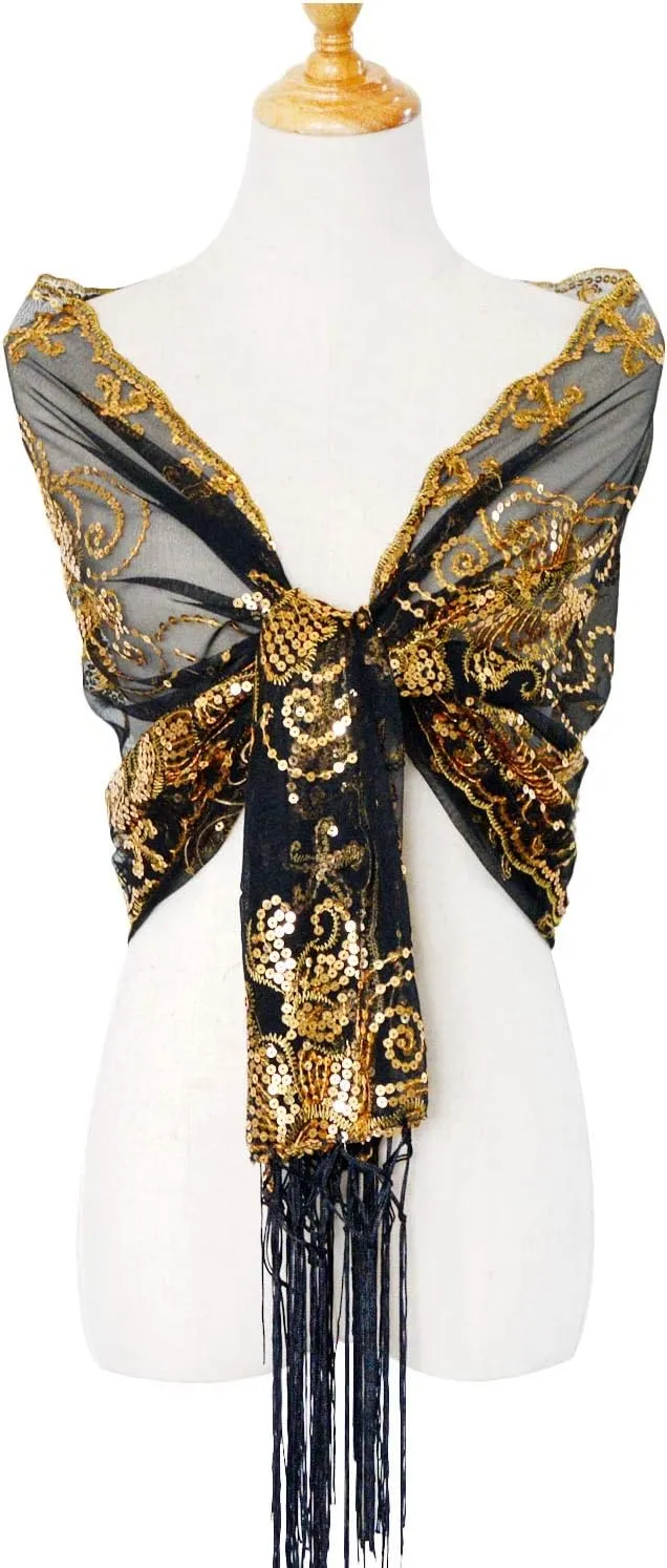 L'VOW Women's Glittering 1920s Scarf Mesh Sequin Wedding Cape Fringed Evening Shawl Wrap
