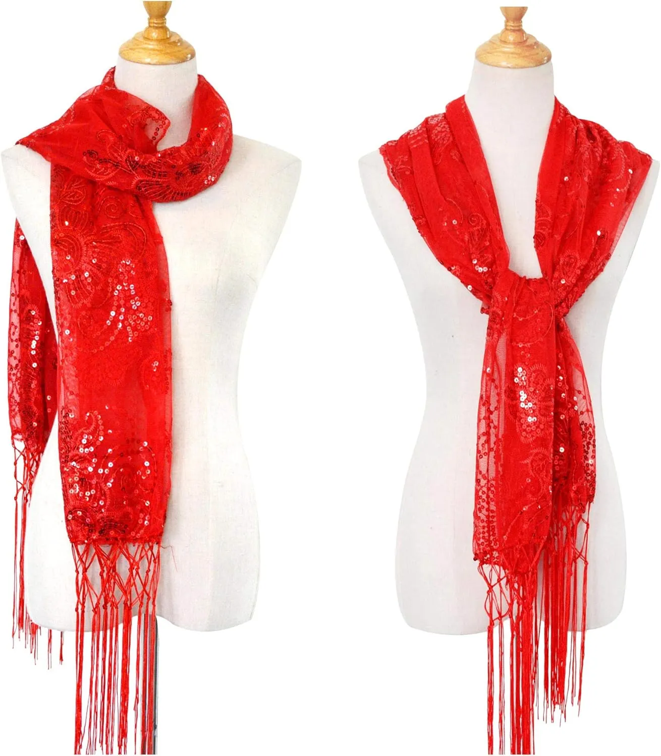 L'VOW Women's Glittering 1920s Scarf Mesh Sequin Wedding Cape Fringed Evening Shawl Wrap