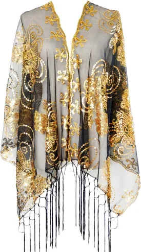 L'VOW Women's Glittering 1920s Scarf Mesh Sequin Wedding Cape Fringed Evening Shawl Wrap