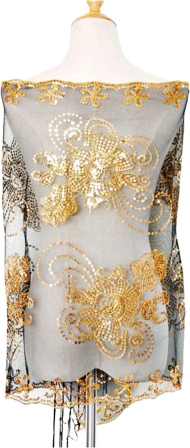 L'VOW Women's Glittering 1920s Scarf Mesh Sequin Wedding Cape Fringed Evening Shawl Wrap