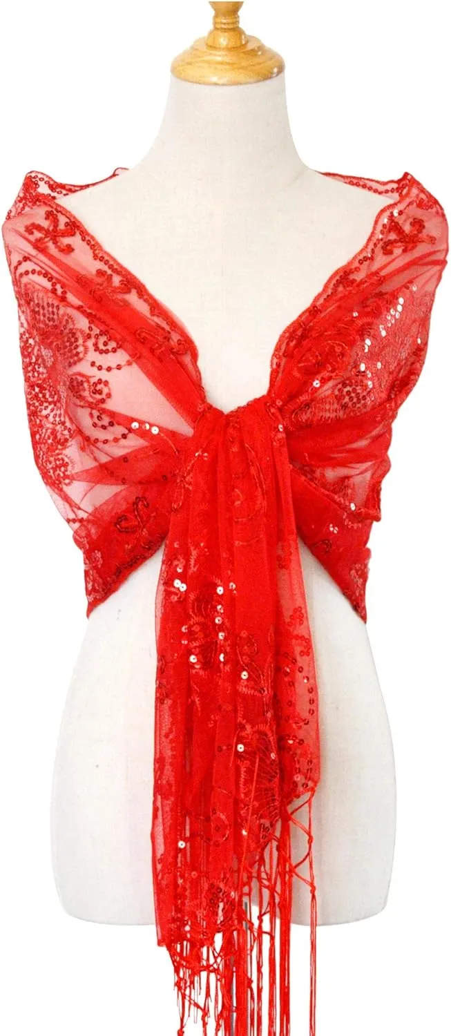 L'VOW Women's Glittering 1920s Scarf Mesh Sequin Wedding Cape Fringed Evening Shawl Wrap