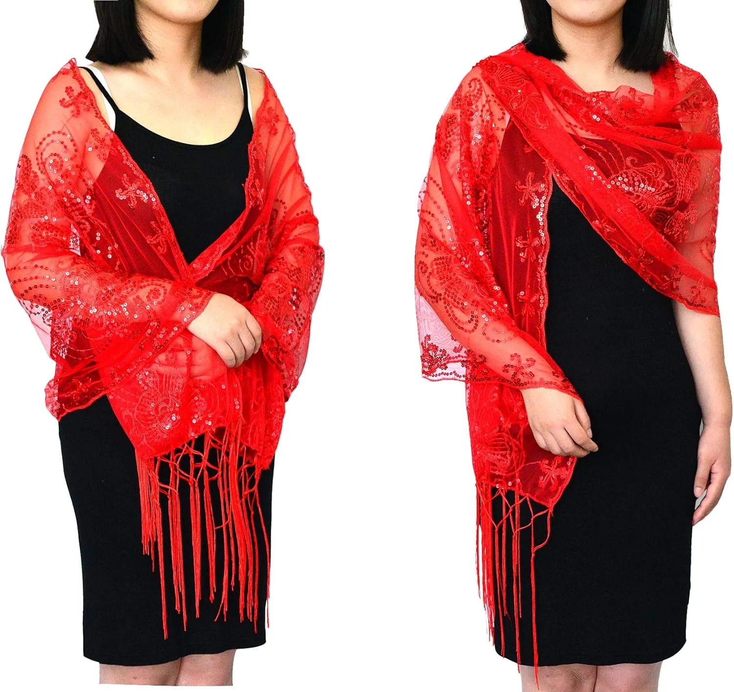 L'VOW Women's Glittering 1920s Scarf Mesh Sequin Wedding Cape Fringed Evening Shawl Wrap