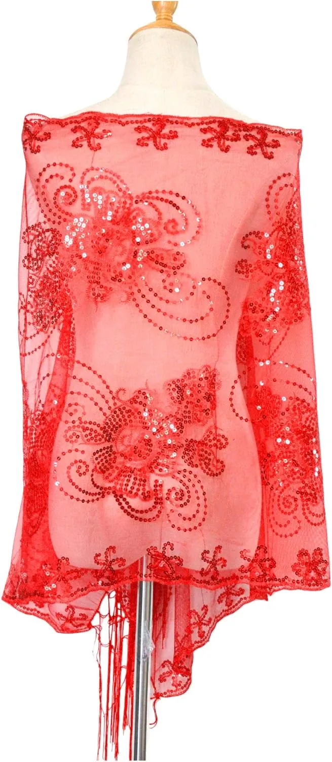 L'VOW Women's Glittering 1920s Scarf Mesh Sequin Wedding Cape Fringed Evening Shawl Wrap