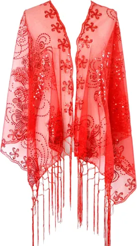 L'VOW Women's Glittering 1920s Scarf Mesh Sequin Wedding Cape Fringed Evening Shawl Wrap