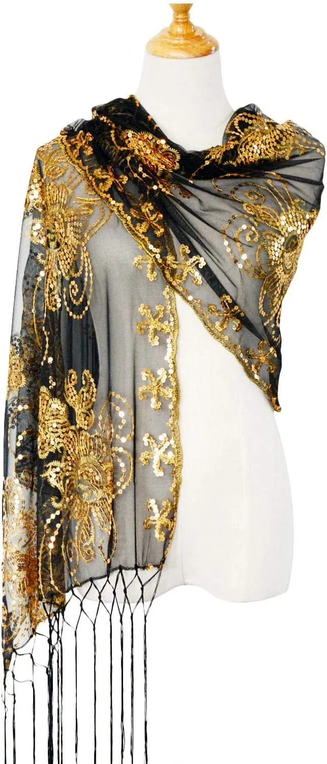 L'VOW Women's Glittering 1920s Scarf Mesh Sequin Wedding Cape Fringed Evening Shawl Wrap