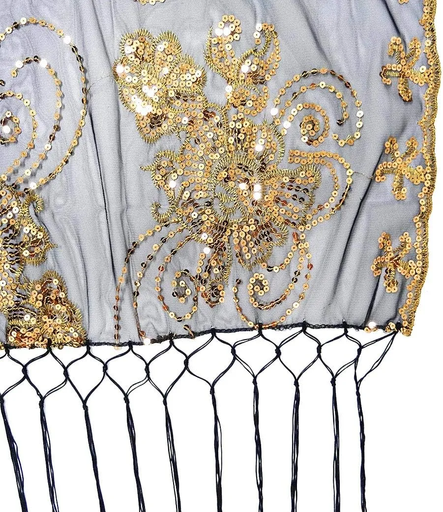 L'VOW Women's Glittering 1920s Scarf Mesh Sequin Wedding Cape Fringed Evening Shawl Wrap