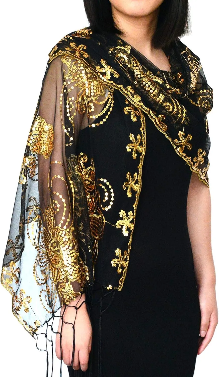 L'VOW Women's Glittering 1920s Scarf Mesh Sequin Wedding Cape Fringed Evening Shawl Wrap