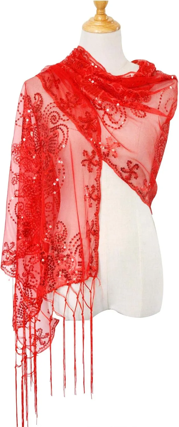 L'VOW Women's Glittering 1920s Scarf Mesh Sequin Wedding Cape Fringed Evening Shawl Wrap