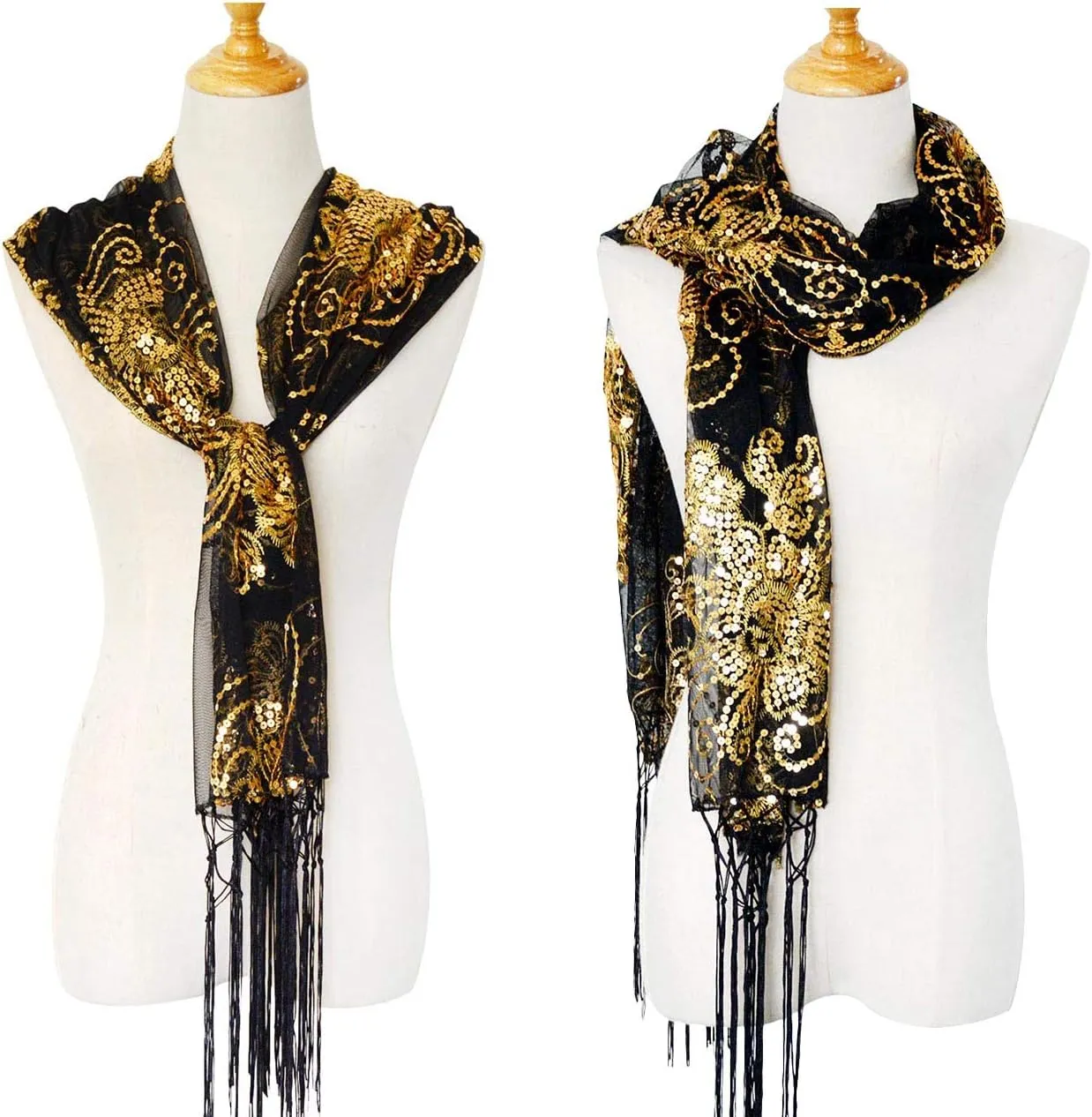L'VOW Women's Glittering 1920s Scarf Mesh Sequin Wedding Cape Fringed Evening Shawl Wrap