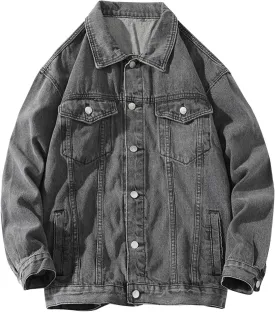 Mens Casual Stylish Denim Jackets Button Down Lapel Long Sleeve Jean Jacket Loose Antique Washed Trucker Coats